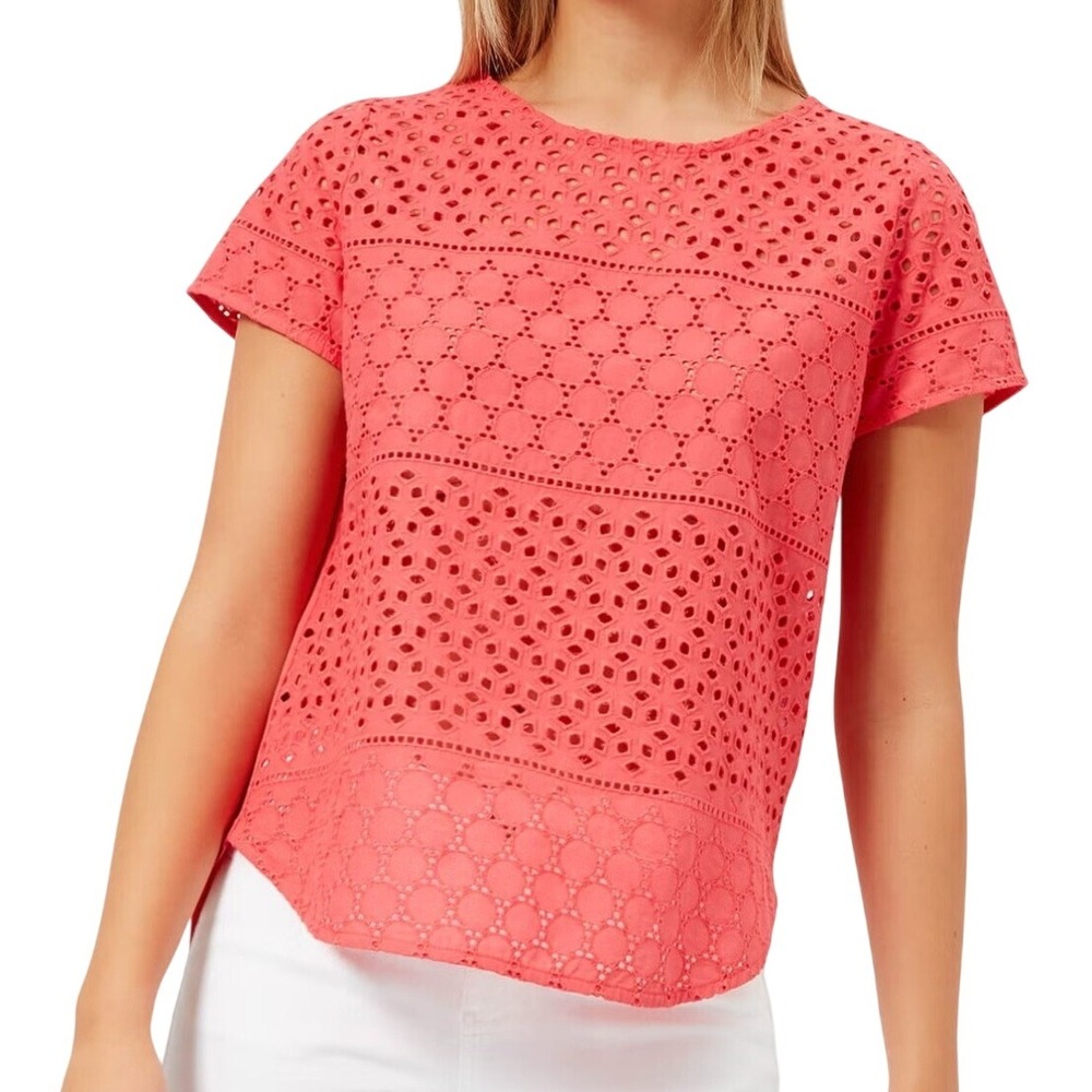 Joules Women's Nadine Orange Broderie Short Sleeve Embroidered Cotton Blouse 2